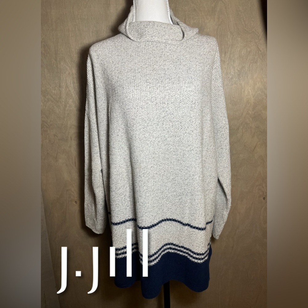 J. Jill Turtleneck Grey and Navy Bold Stripe Tunic Sweater MP